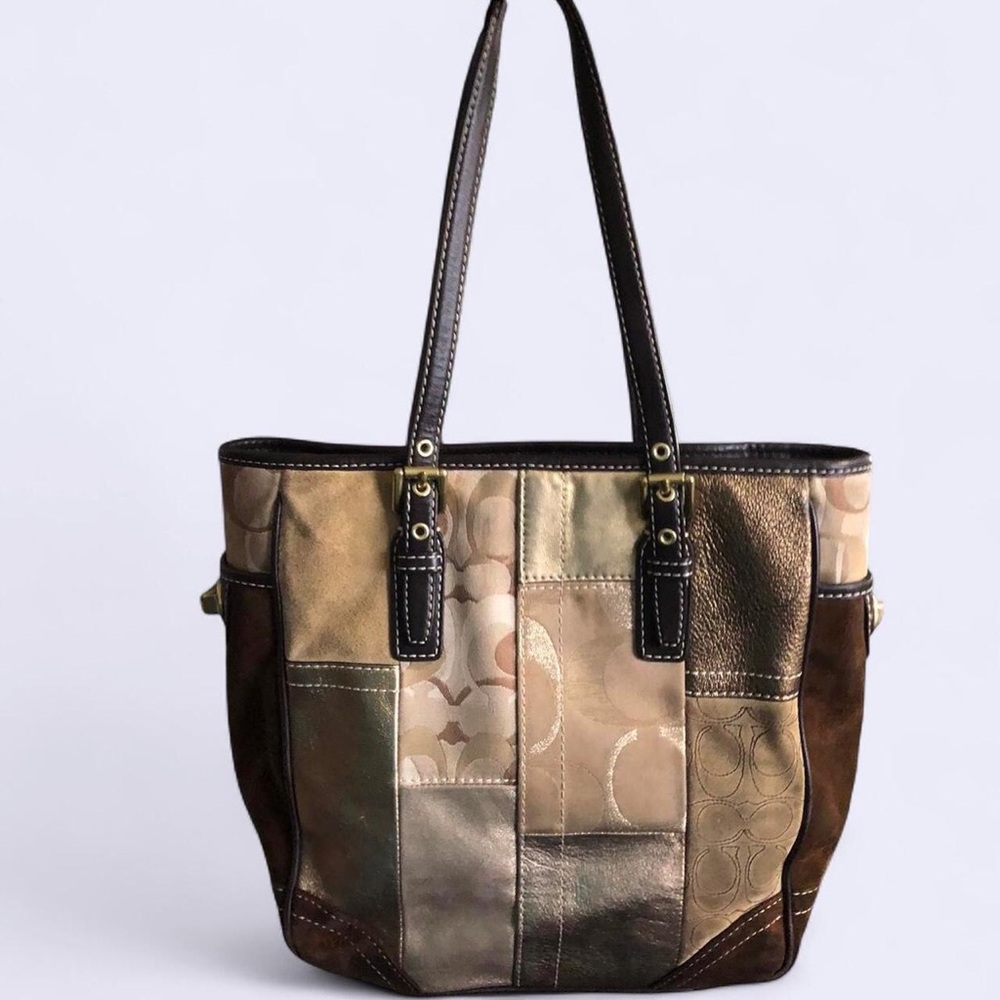 Coach 2000 Y2K Signature Patchwork Tote Shoulder Hand Bag Purse Brown Gold Suede